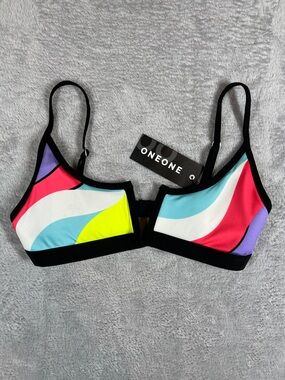 ONEONE Jenna Multicolor Wave-Print Bikini Top with Black Trim Medium
